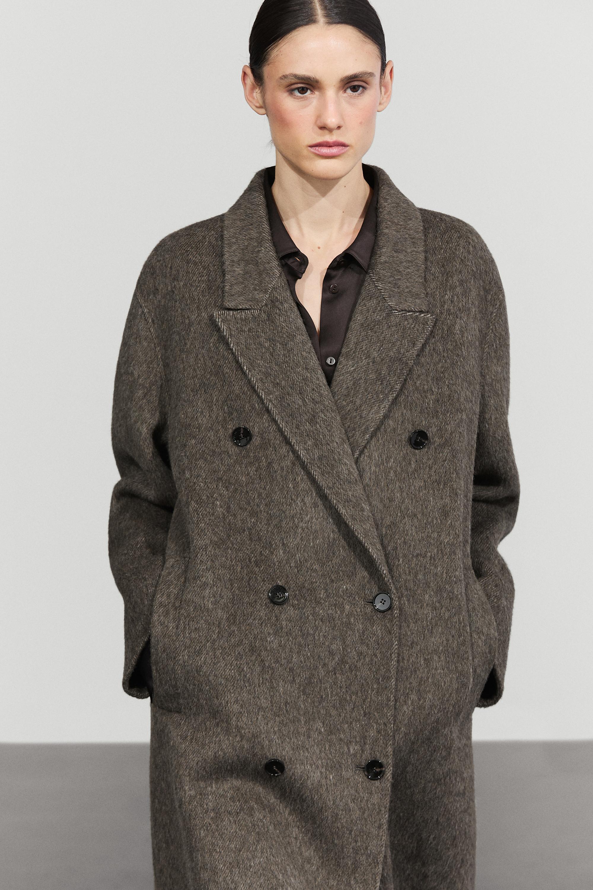 Long double-breasted wool blend coat